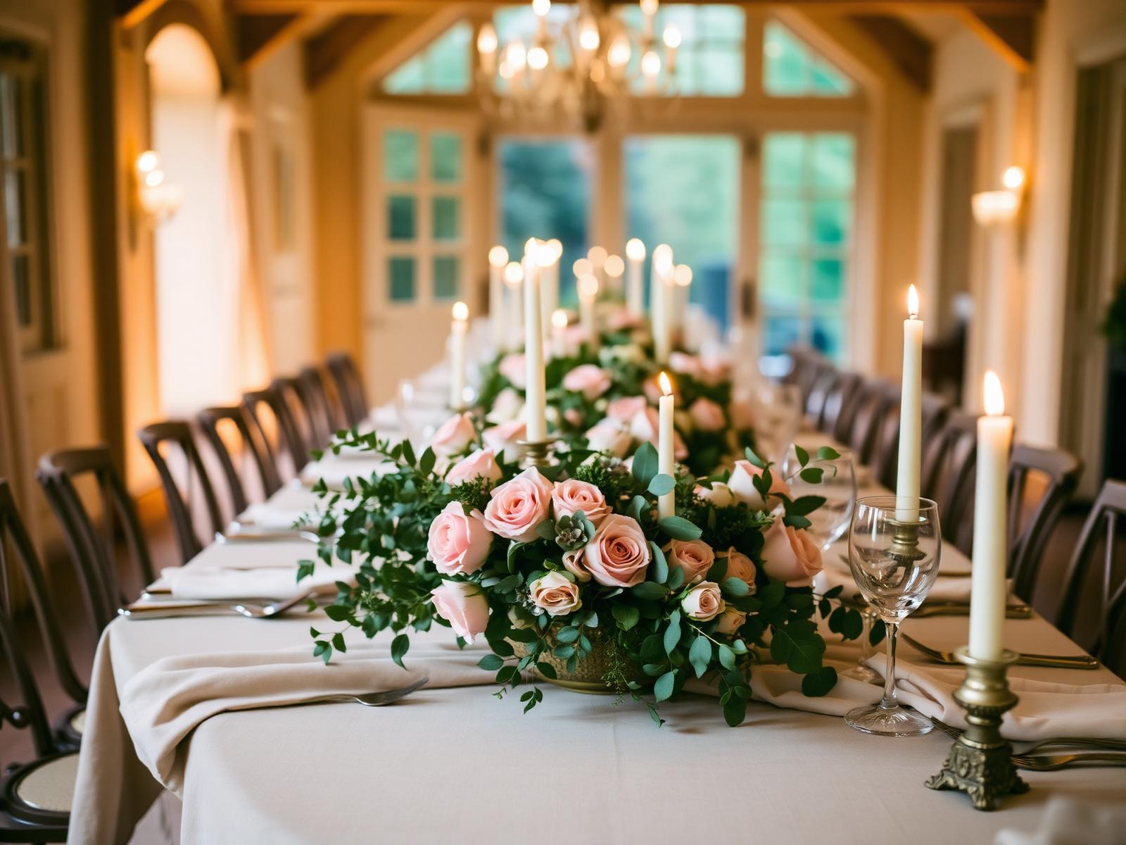 Lange tafel met kaarsen voor een jubileum diner